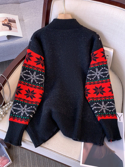 Cozy Black Santa Christmas Tacky Sweater for Women with Crew Neck Long Sleeve Oversized Knit Style
