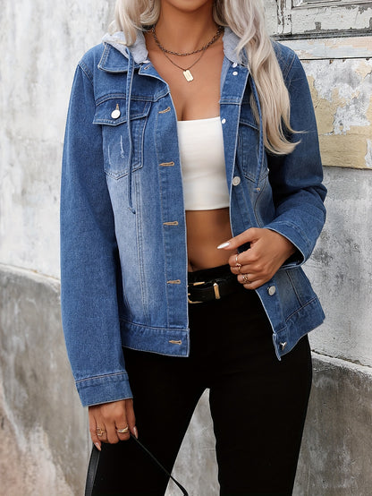 Effortless Blue Jean Jacket for Women with Hooded Collar Long Sleeve Button Front Relaxed Style