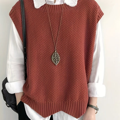 Comfortable Chunky Knit Sweater Vest for Women with Crew Neck Sleeveless Ribbed Trim Relaxed Oversized Style