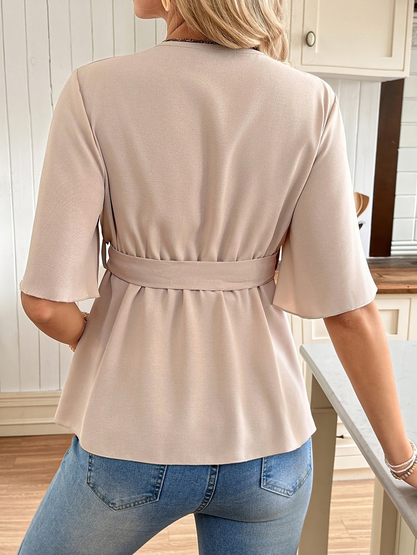 Effortless Maternity Wrap Blouse for Women with V Neck Flutter Sleeve Tie Waist Peplum Style