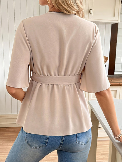 Effortless Maternity Wrap Blouse for Women with V Neck Flutter Sleeve Tie Waist Peplum Style