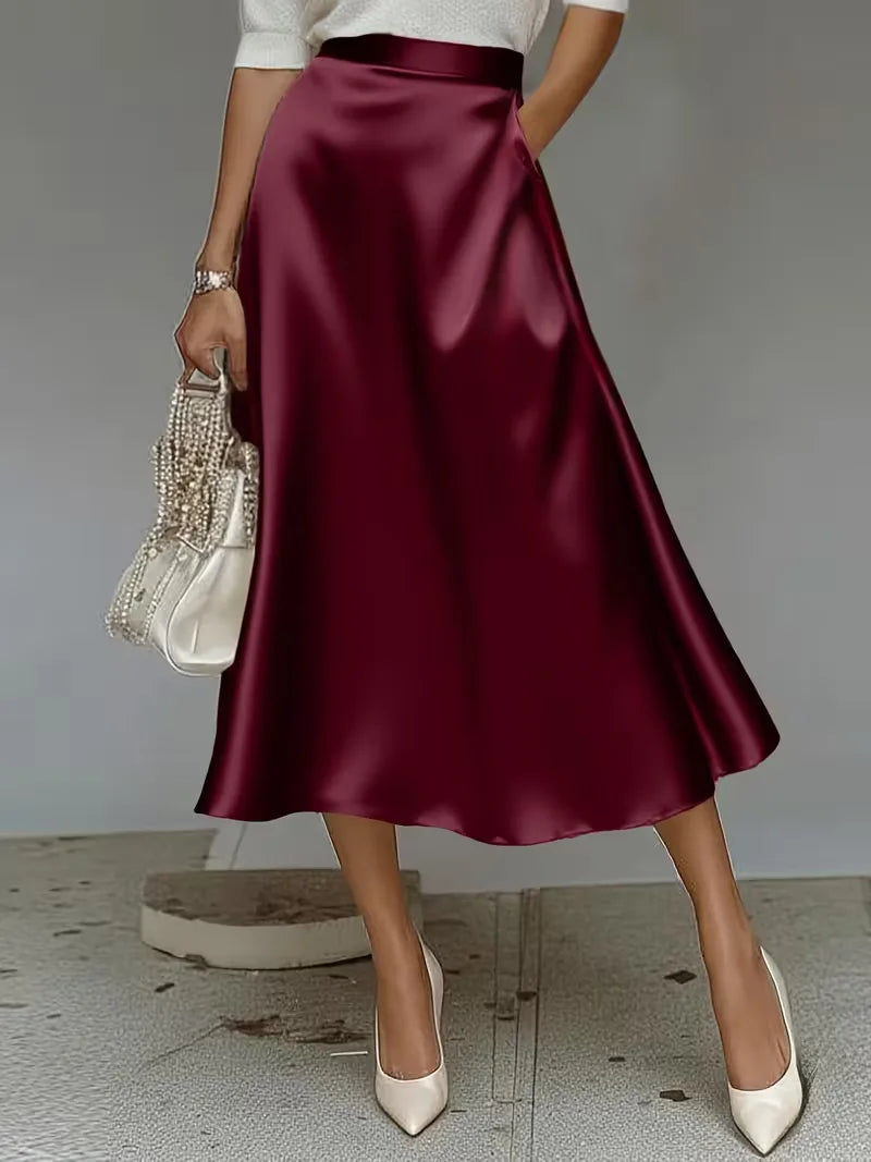 Elegant Satin Midi Skirt for Women with High Waist A Line Pocket Flowing Style