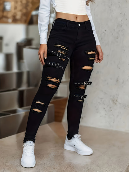 Stylish Black Distressed Flare Jeans for Women with Buckle Strap Ripped Relaxed Style