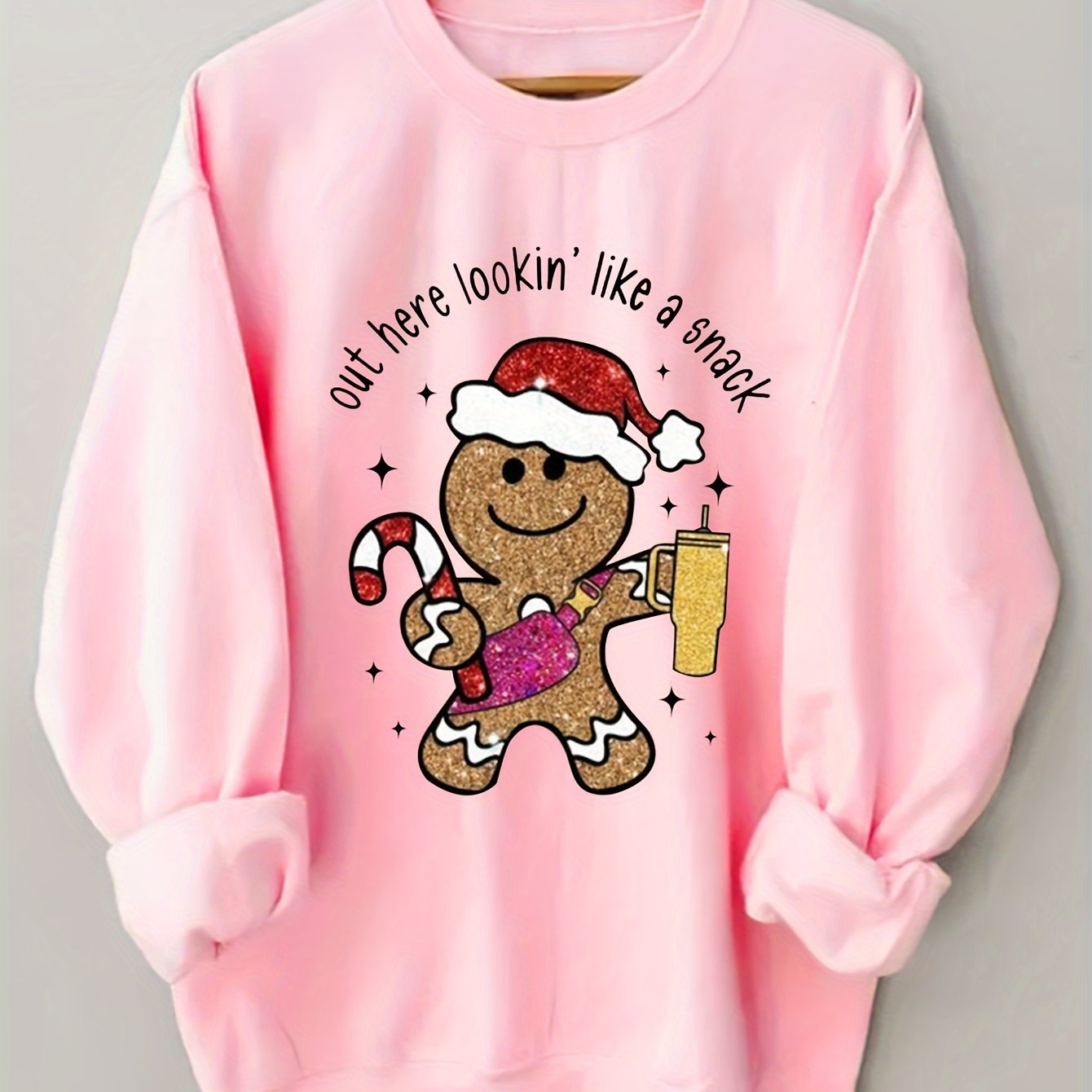 Comfortable Pink Gingerbread Christmas Tacky Sweater for Women with Crew Neck Long Sleeve Oversized Graphic Print Style