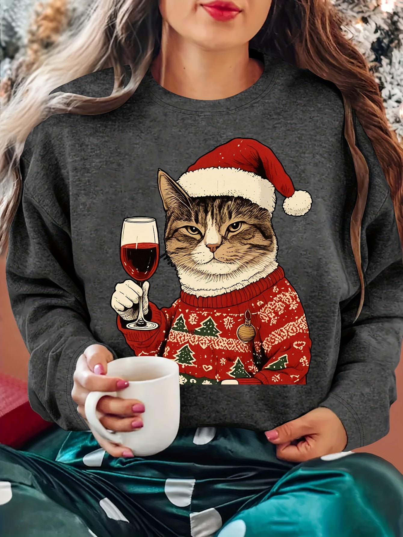 Comfortable Cat Graphic Christmas Tacky Sweater for Women with Crew Neck Long Sleeve Pullover Holiday Style