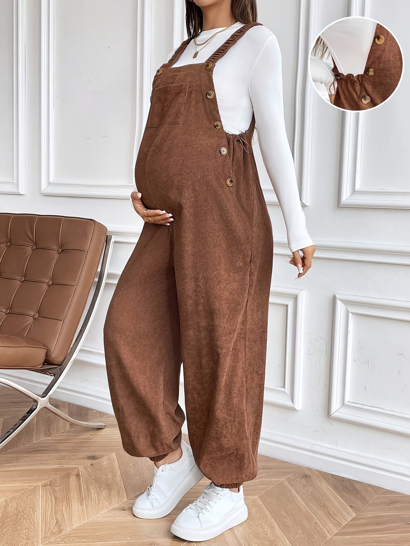Effortless Corduroy Maternity Overalls for Women with Square Neck Sleeveless Wide Leg Relaxed Style