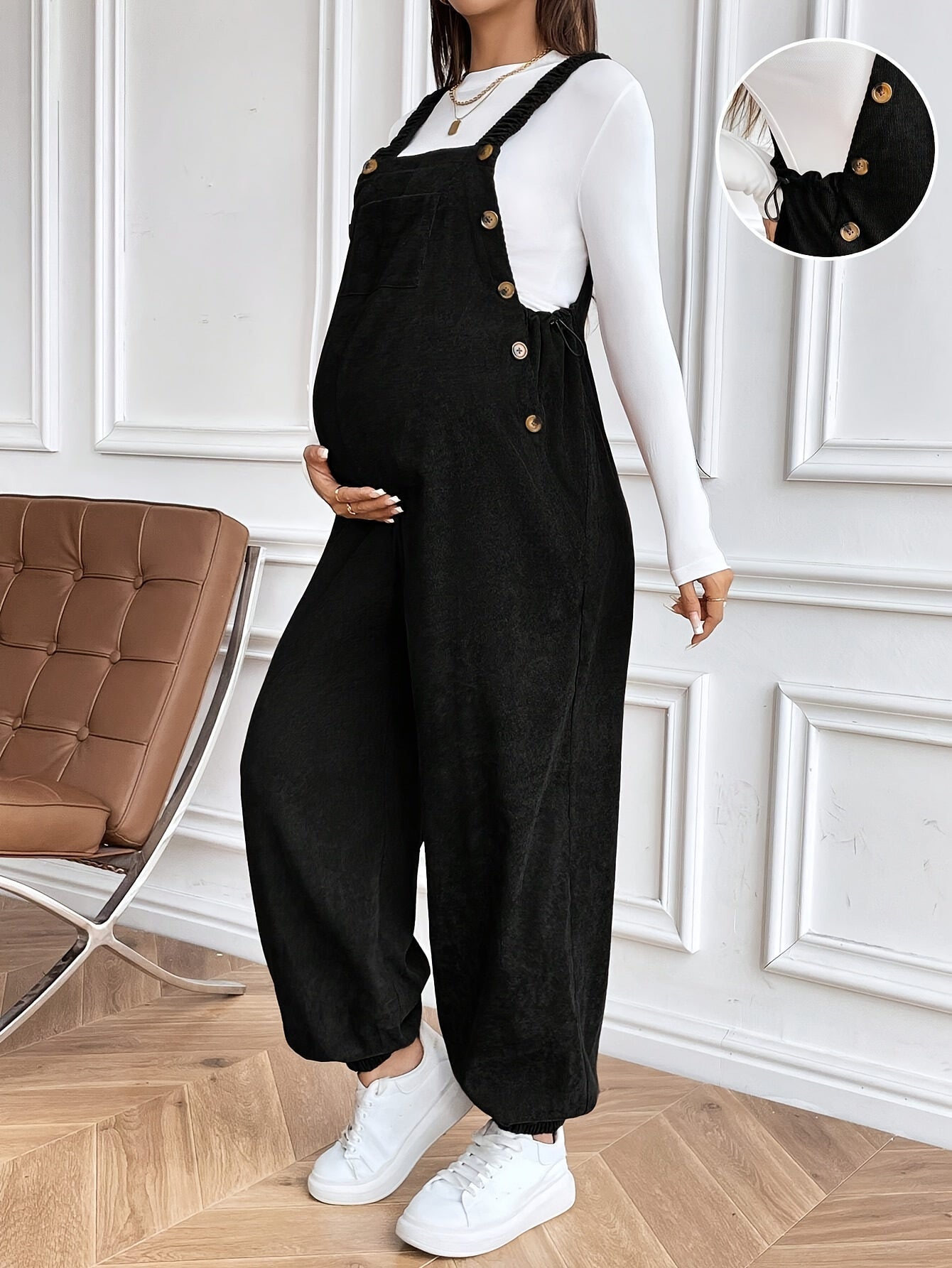 Effortless Corduroy Maternity Overalls for Women with Square Neck Sleeveless Wide Leg Relaxed Style