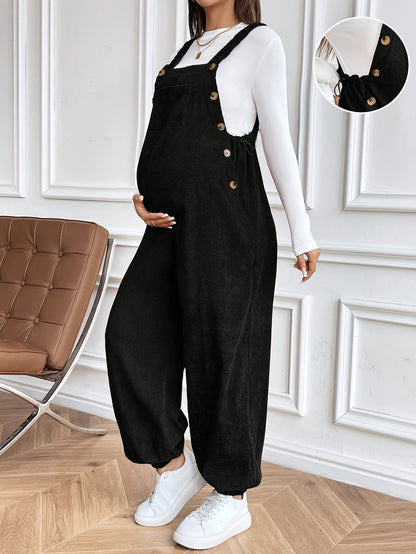 Effortless Corduroy Maternity Overalls for Women with Square Neck Sleeveless Wide Leg Relaxed Style
