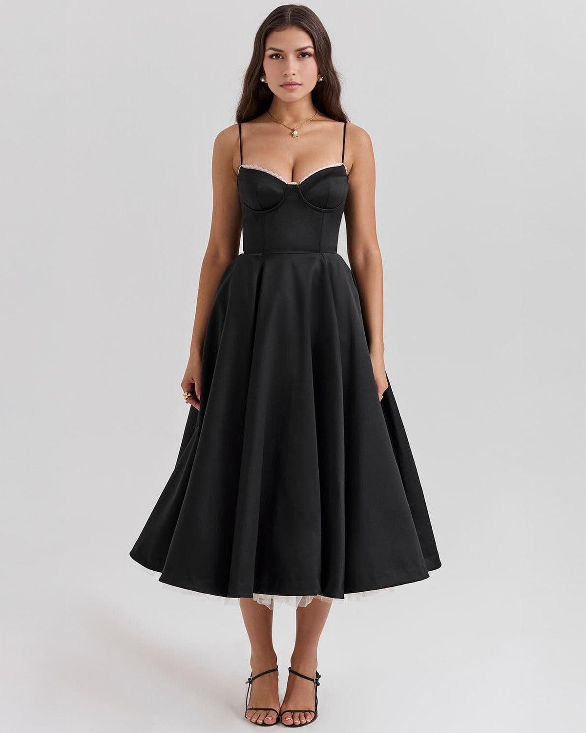 Elegant Bustier Midi Dress for Women with Sweetheart Neckline Spaghetti Strap Tulle Hem Flowing Style