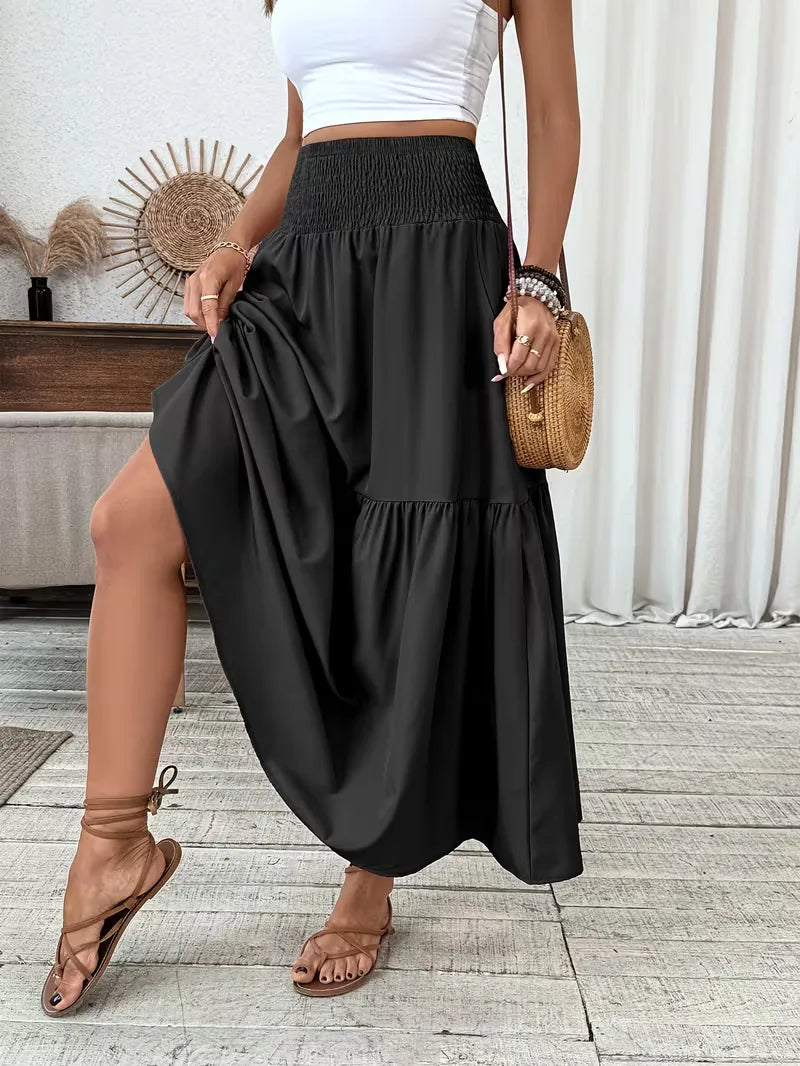Effortless Tiered Maxi Skirt for Women with High Waist Smocked Flowing Boho Style