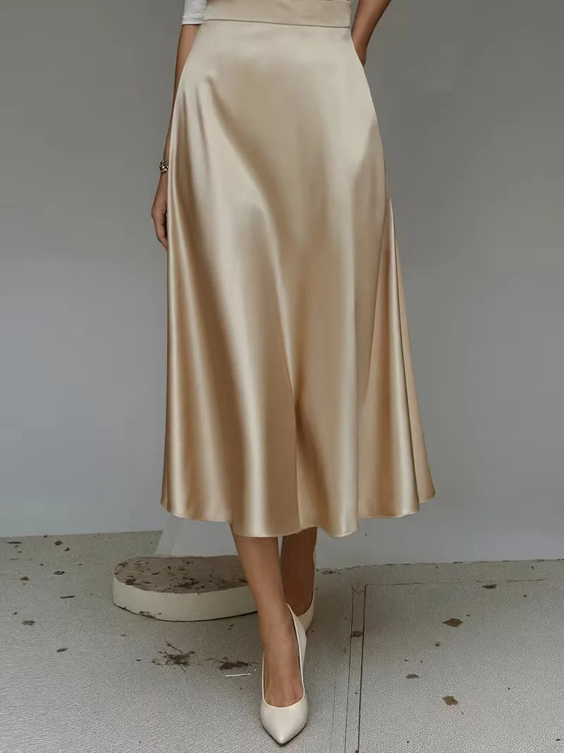 Elegant Satin Midi Skirt for Women with High Waist A Line Pocket Flowing Style