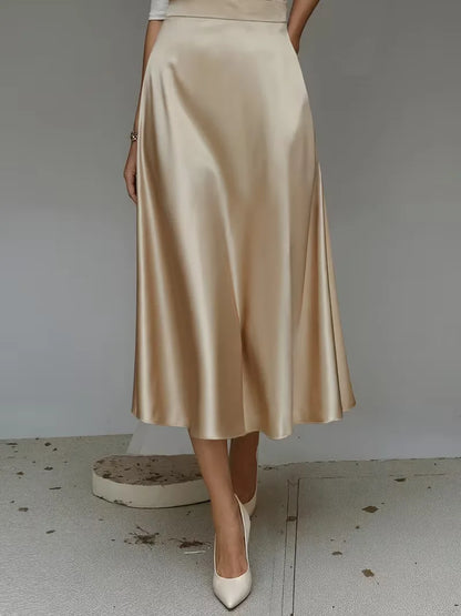 Elegant Satin Midi Skirt for Women with High Waist A Line Pocket Flowing Style