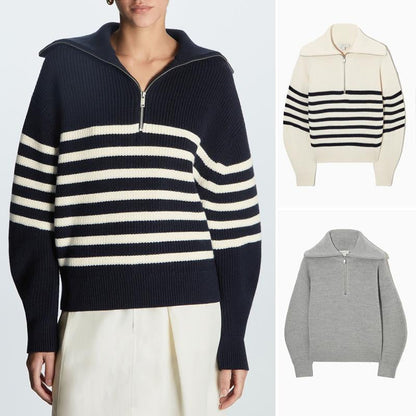 Cozy Striped Quarter-Zip Knit Sweater for Women with Funnel Collar Long Sleeve Ribbed Pullover Style