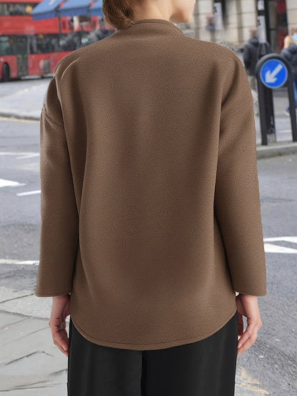 Elegant Camel Wool Pea Coat for Women with Stand Collar Long Sleeve Double Breasted Oversized Style