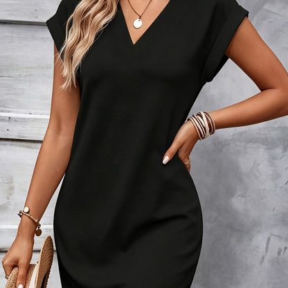 Effortless Little Black Dress for Women with V-Neck Cap Sleeve Loose Fit Casual Everyday Style