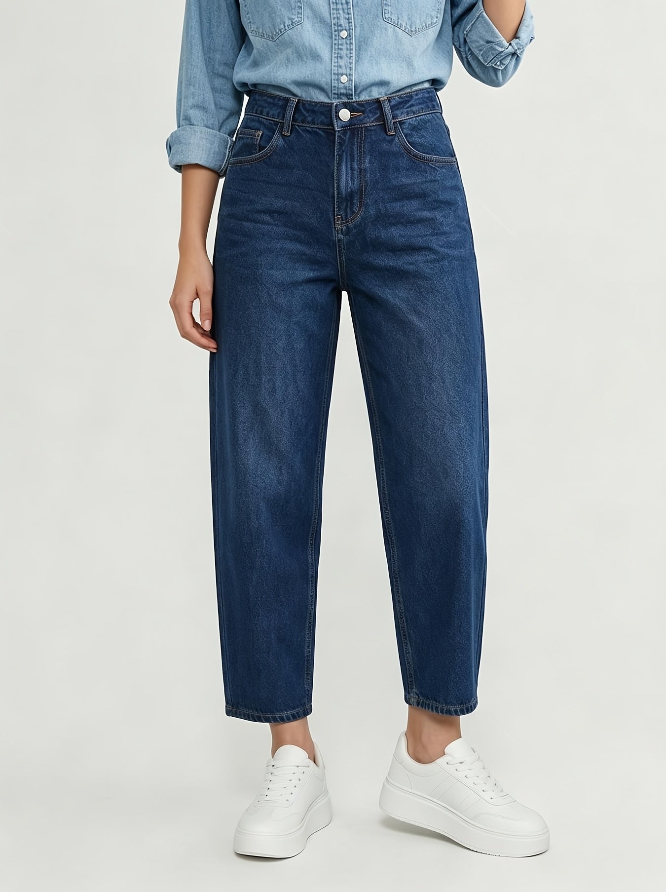 Effortless Deep Blue Denim Mom Jeans for Women with High Waist Tapered Cropped Relaxed Style