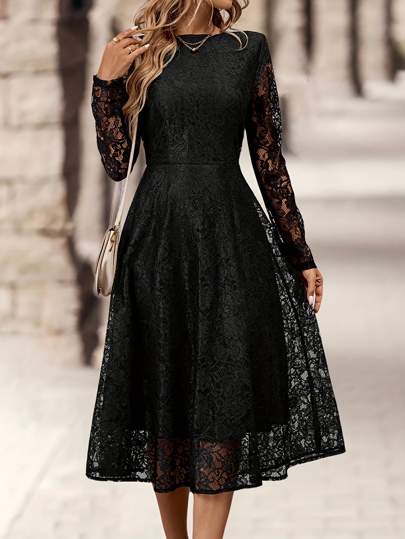 Elegant Black Lace Long Sleeve Wedding Dress for Women with Round Neck Fit And Flare Flowing Style