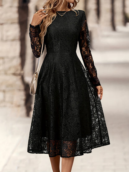 Elegant Black Lace Long Sleeve Wedding Dress for Women with Round Neck Fit And Flare Flowing Style