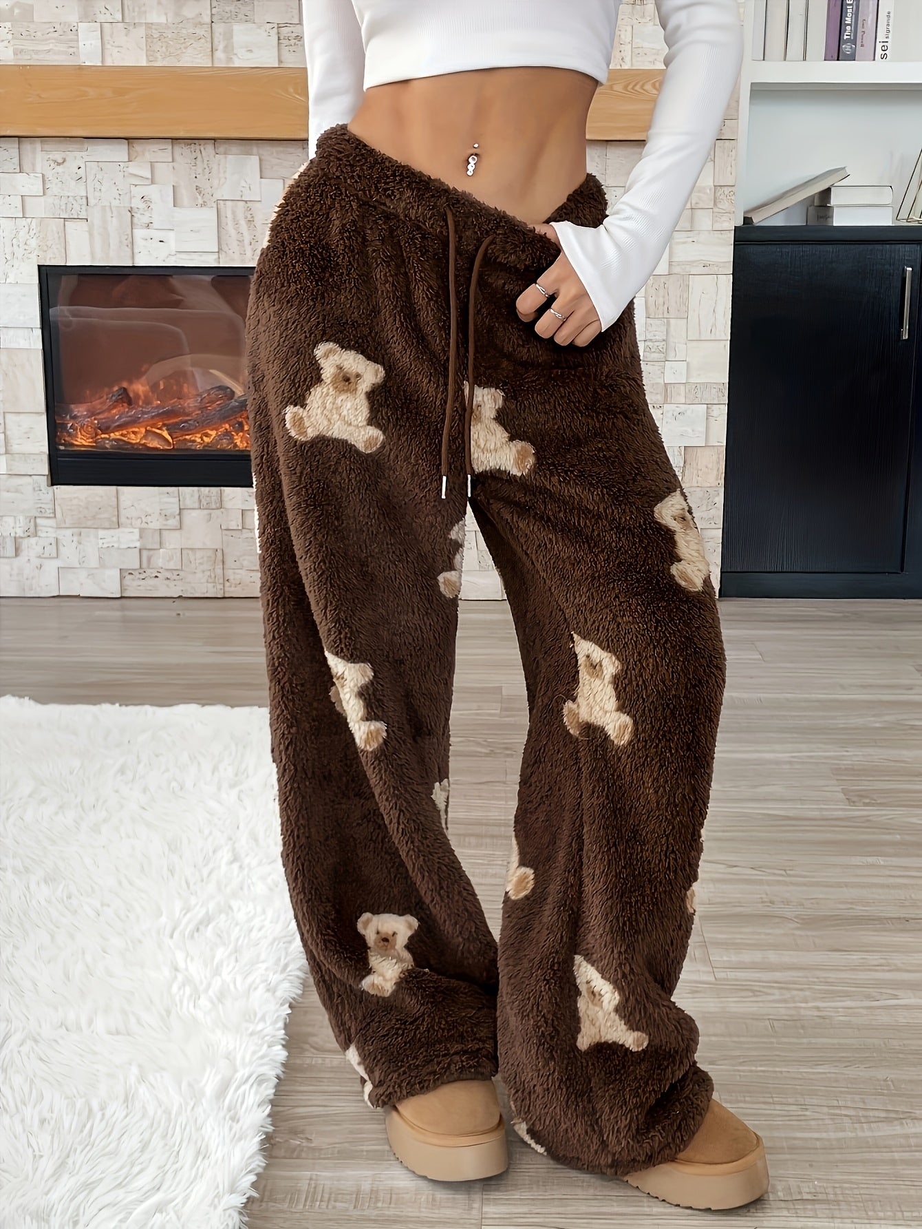 Cozy Brown Teddy Bear Sweatpants for Women with Drawstring Waist Wide Leg Plush Fleece Lounge Style