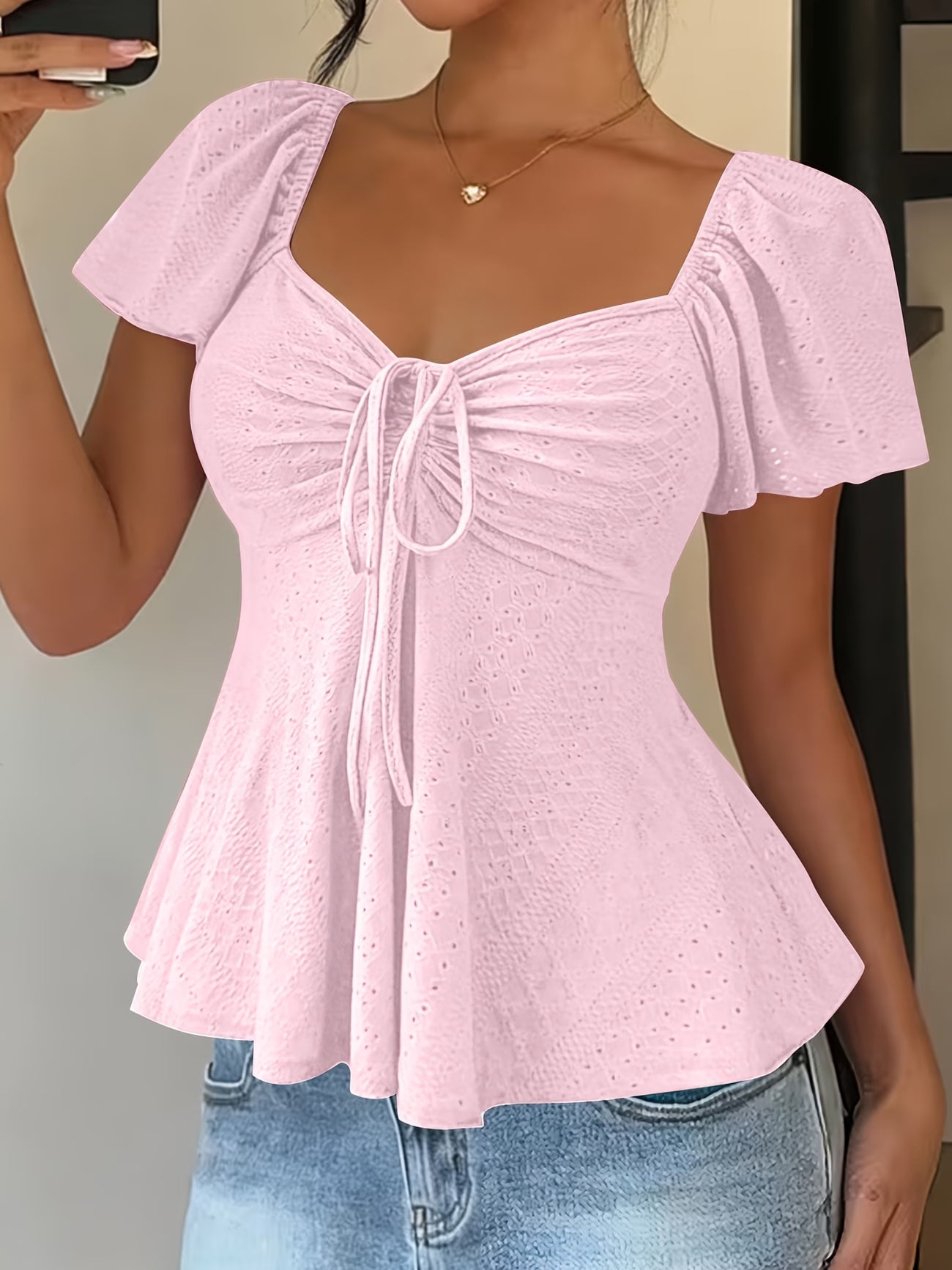 Elegant Eyelet Going Out Top for Women with Sweetheart Neck Flutter Sleeve Ruched Peplum Style