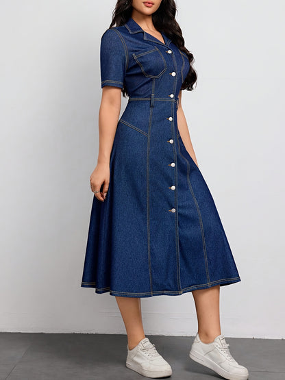 Effortless Blue Denim Dress for Women with Collar Belted Button Front Midi