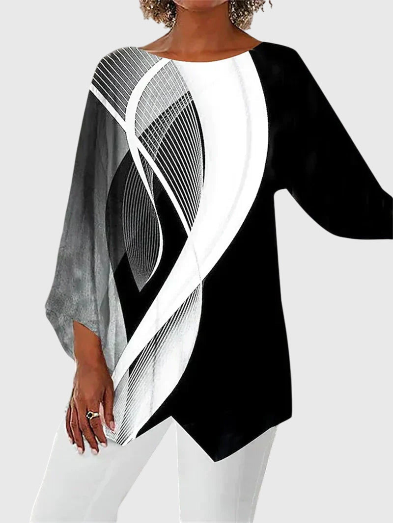 Effortless Black Glitter Butterfly Print Tunic for Women with Boat Neck Batwing Sleeve Asymmetric Hem Casual Style