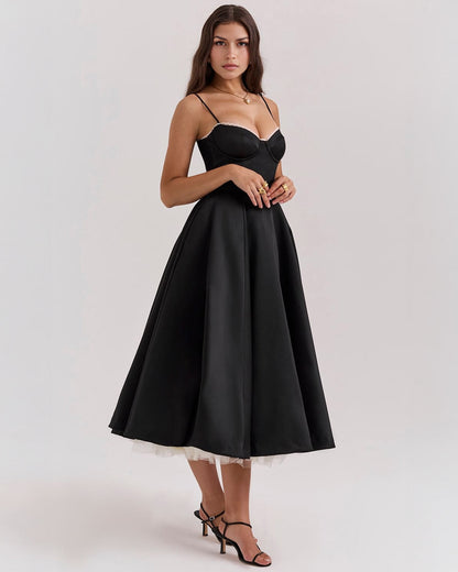 Elegant Bustier Midi Dress for Women with Sweetheart Neckline Spaghetti Strap Tulle Hem Flowing Style