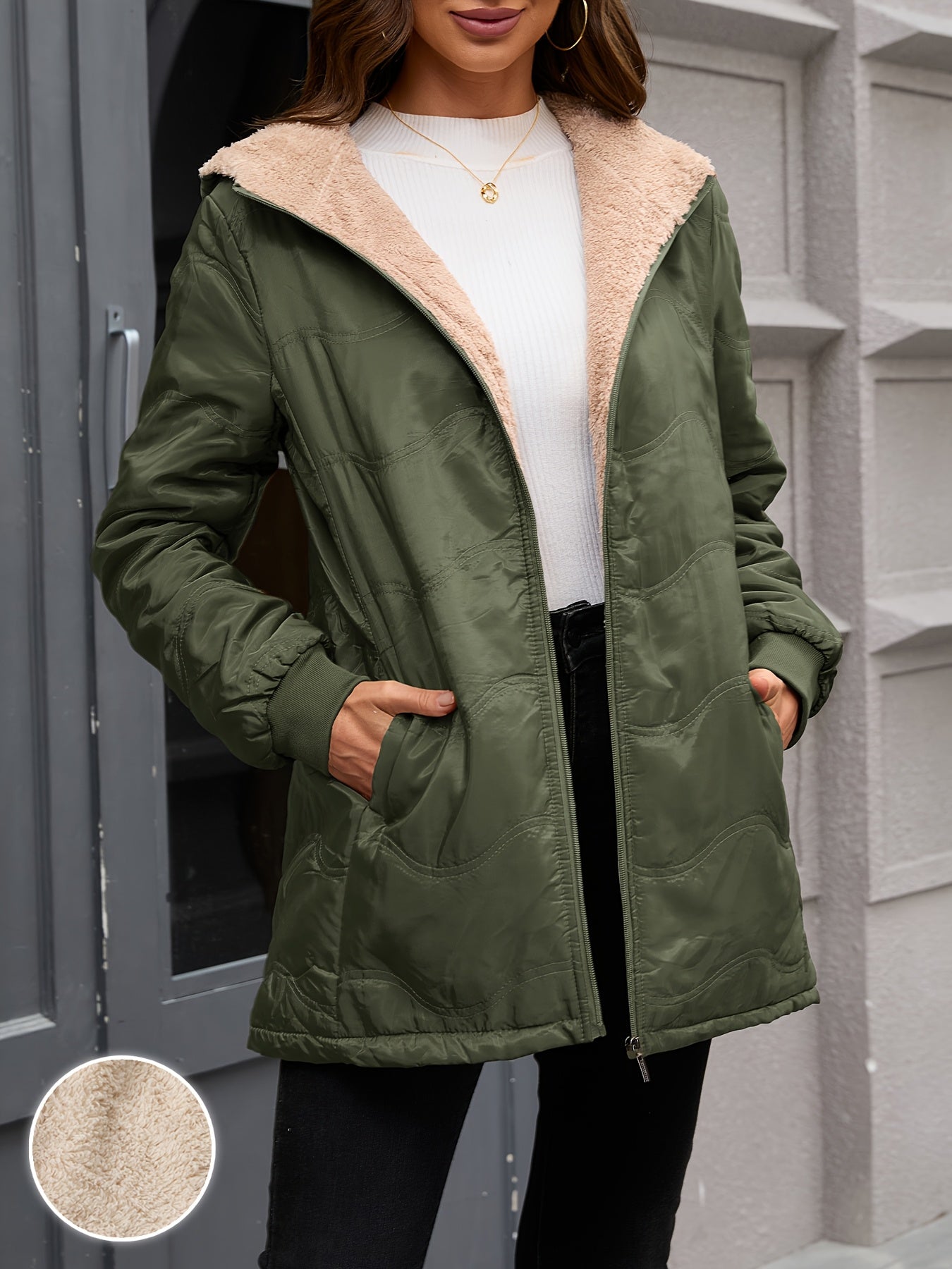 Comfortable Sherpa Lined Quilted Jacket for Women with Hooded Long Sleeve Zip Front Relaxed Style