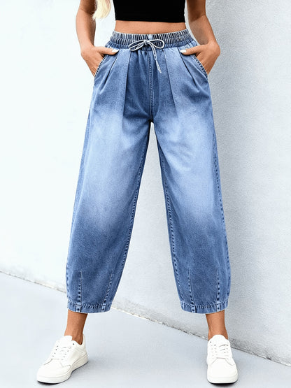 Effortless Light Blue Relaxed Barrel Jeans for Women with Elastic Waist Drawstring Cuffed Hem