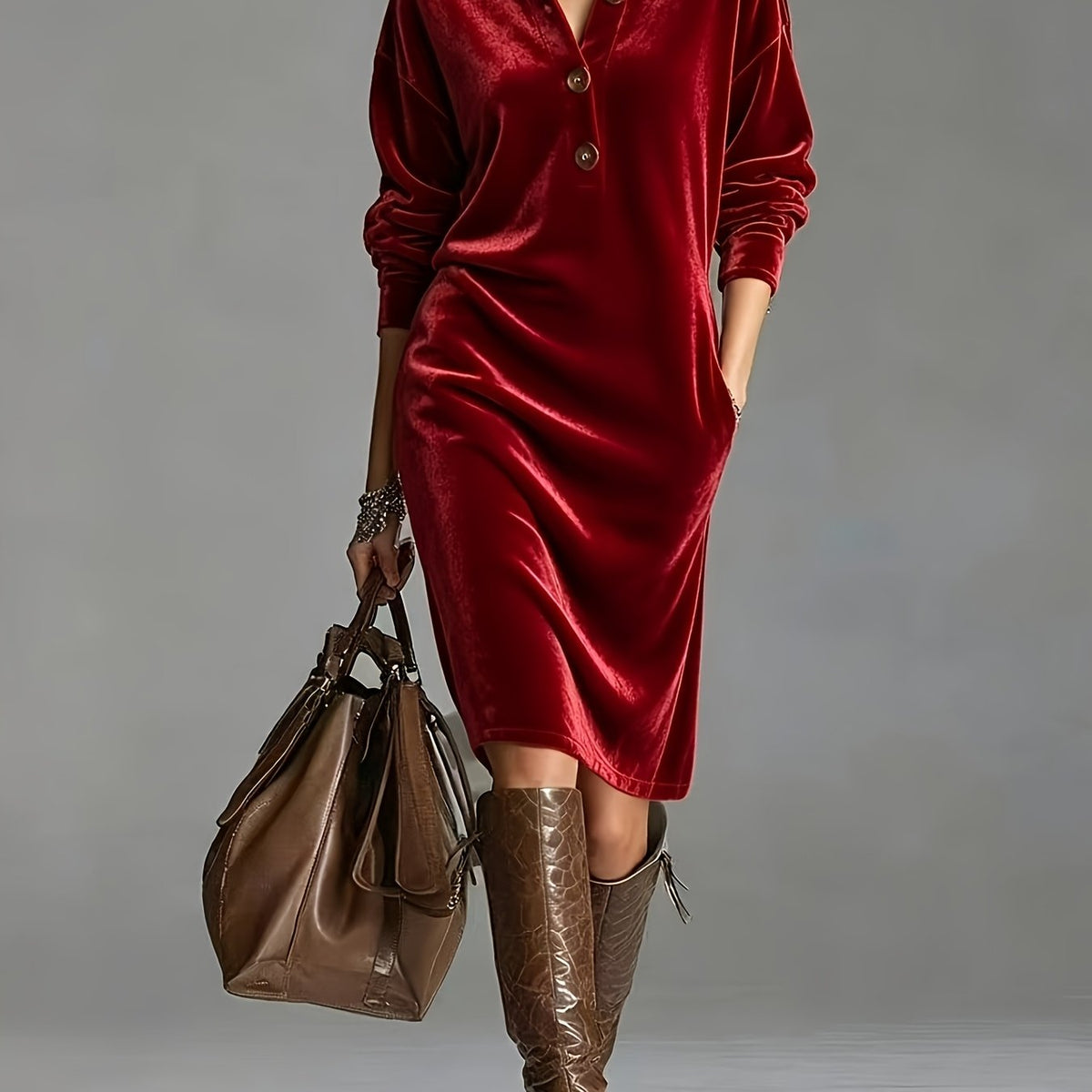 Chic Velvet Long Sleeve Midi Dress for Women with Collared Neck Button Front Relaxed Fit Style