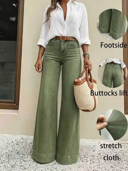 Effortless Fern Green High Waisted Jeans for Women with Wide Leg Stretch Denim Flare Casual Style