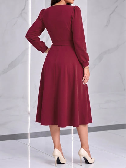 Elegant Burgundy A Line Christmas Party Dress for Women with Pearl Neck Lantern Sleeve Belted Flowing Style