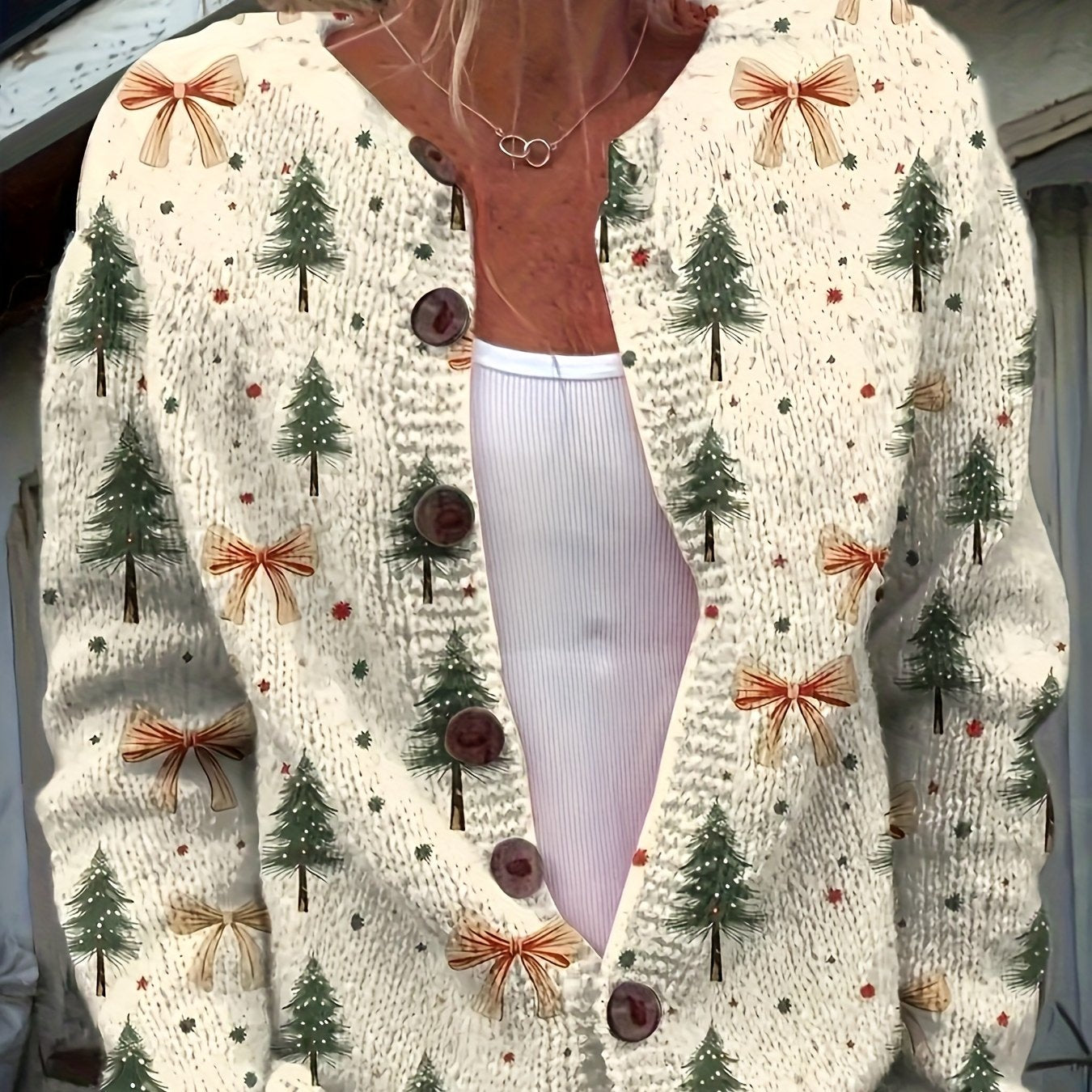 Comfortable Bow Print Christmas Sweater for Women with V Neck Long Sleeve Button Front Relaxed Knit Style