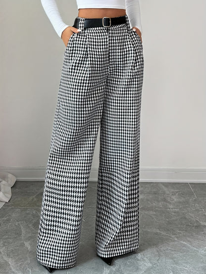 Elegant Black And White Houndstooth Chino Pants for Women with High Waist Belted Wide Leg Casual Style