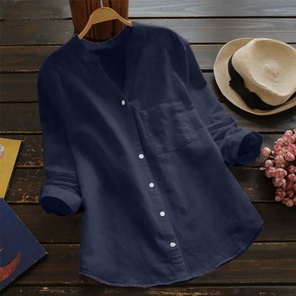 Effortless Linen Shirt for Women with Stand Collar Long Sleeve Button Front Relaxed Style