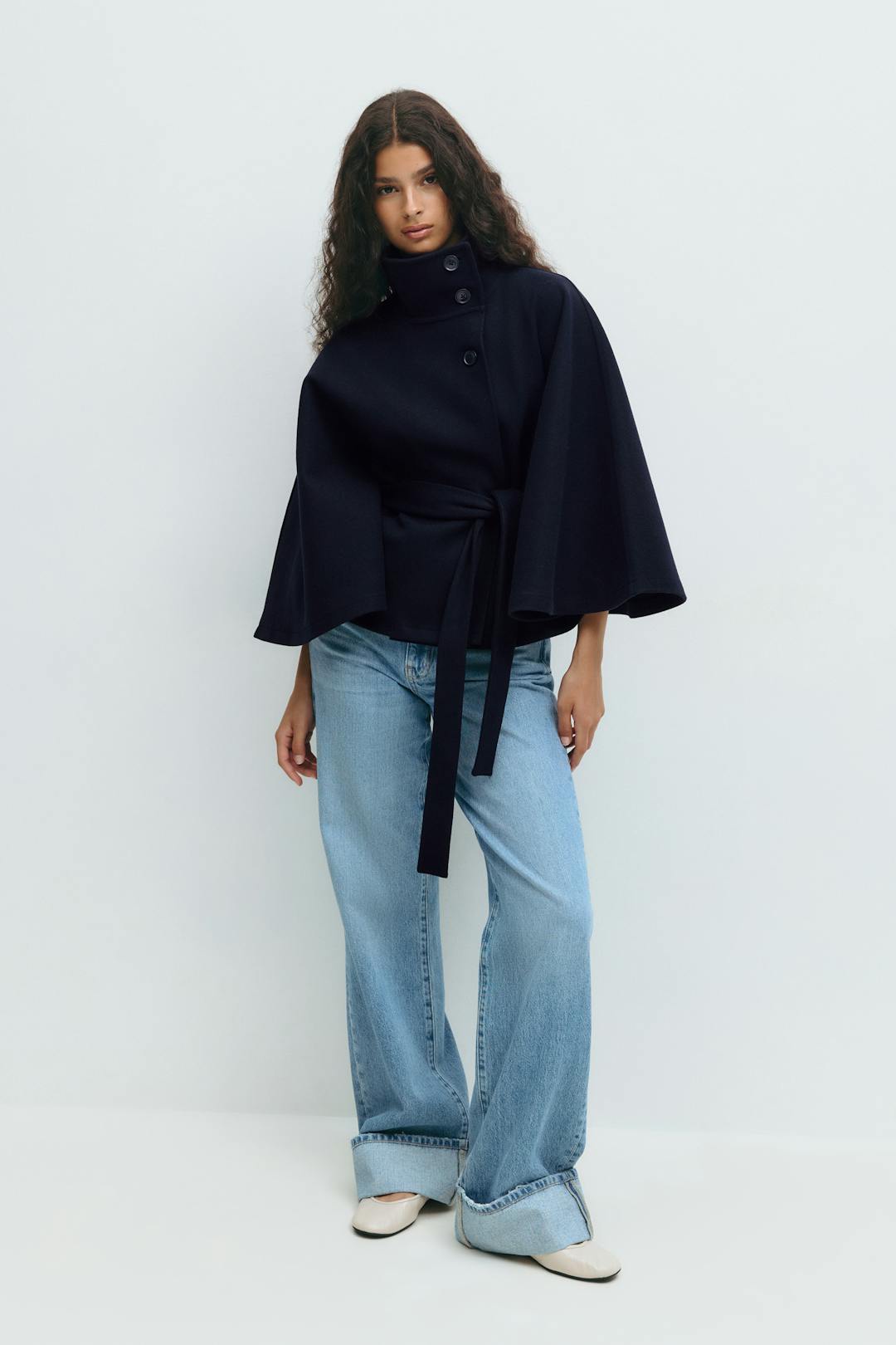Elegant Cream Wool Winter Coat for Women with Funnel Neck Cape Sleeve Belted Cropped Style