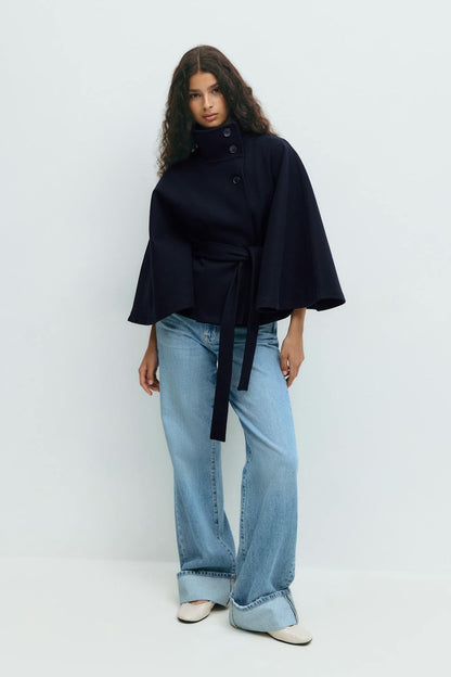 Elegant Cream Wool Winter Coat for Women with Funnel Neck Cape Sleeve Belted Cropped Style