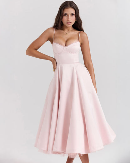 Elegant Bustier Midi Dress for Women with Sweetheart Neckline Spaghetti Strap Tulle Hem Flowing Style