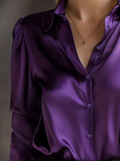 Elegant Satin Long Sleeve Shirt for Women with Collar Button Front Relaxed Silky Style