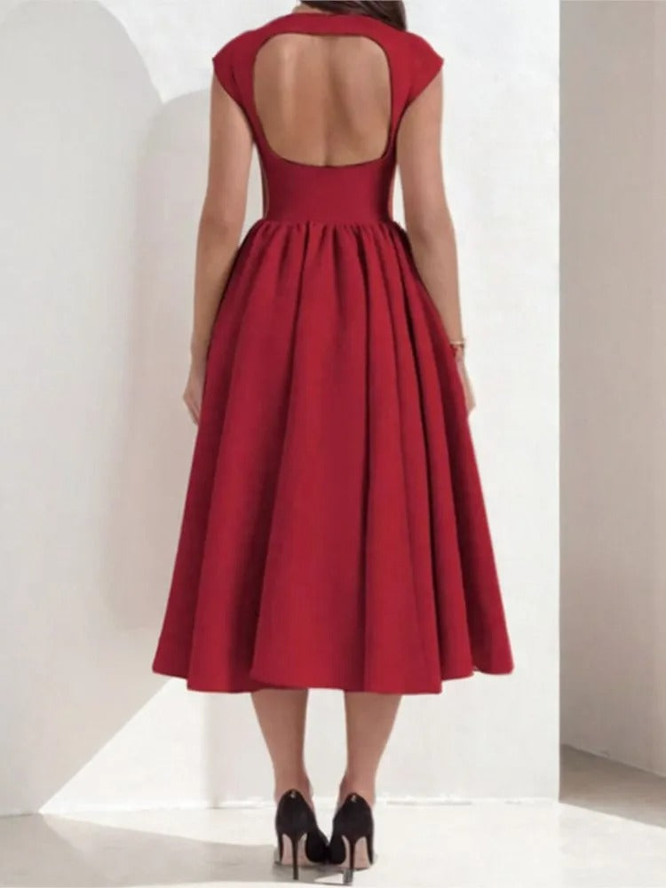Elegant Midi Dress for Women with Round Neck Sleeveless Pleated Fit and Flare Formal Style