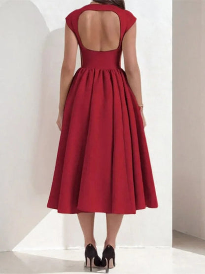 Elegant Midi Dress for Women with Round Neck Sleeveless Pleated Fit and Flare Formal Style