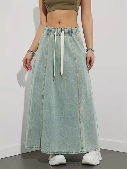 Effortless Denim Skirt for Women with High Waist Drawstring A Line Side Slit Style