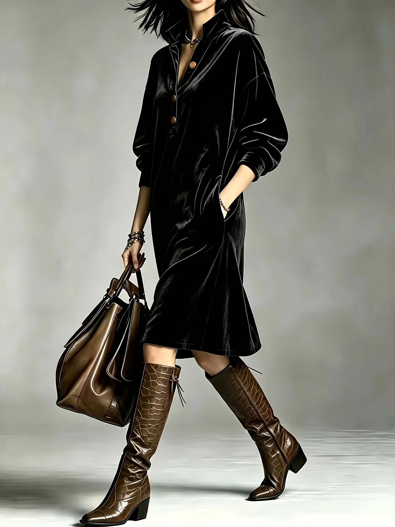 Chic Velvet Long Sleeve Midi Dress for Women with Collared Neck Button Front Relaxed Fit Style