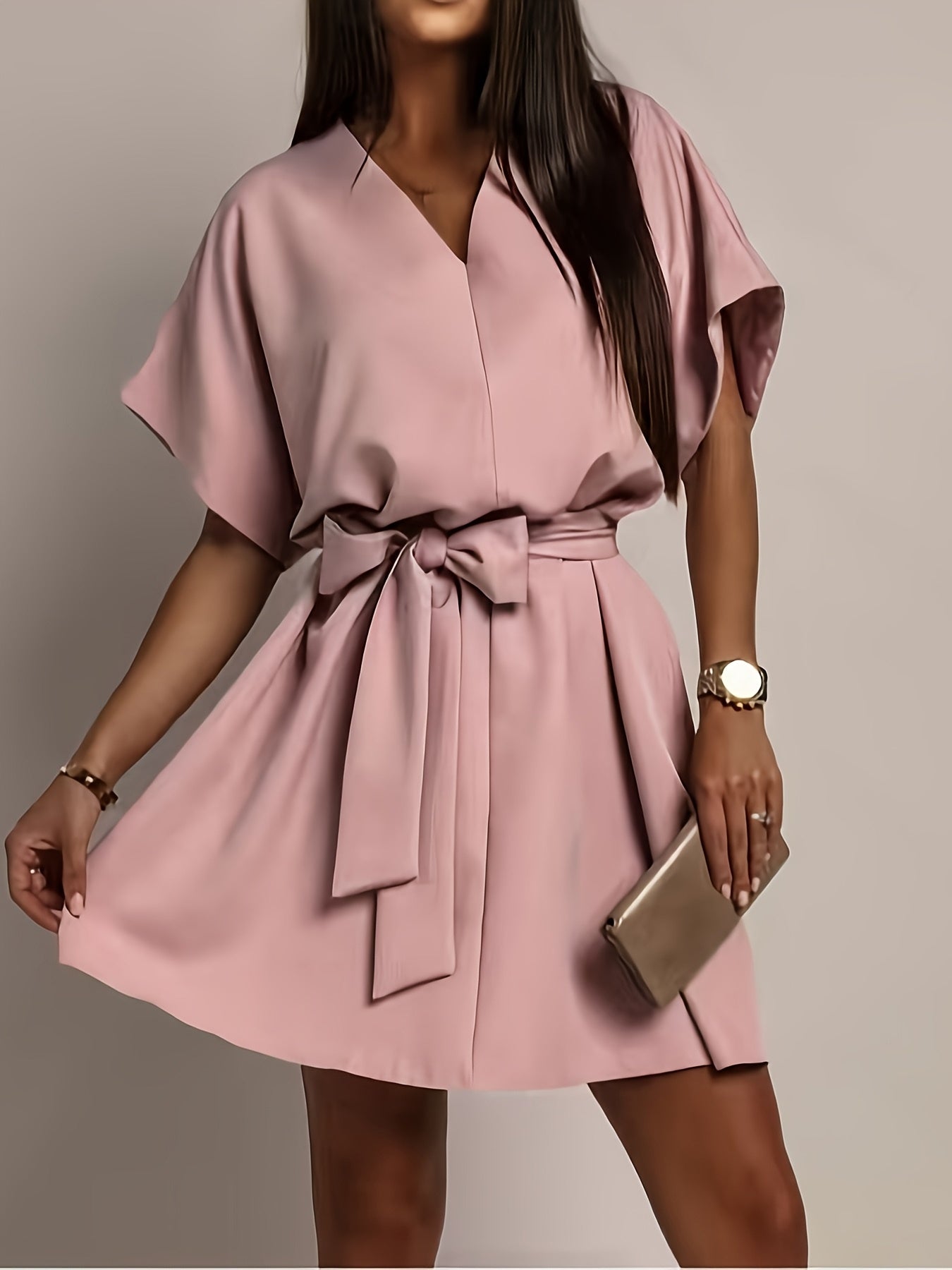 Elegant Light Pink Dress for Women with V Neck Batwing Sleeve Belted Flowing Style