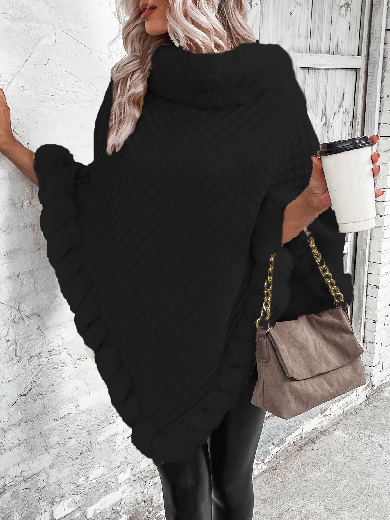 Comfortable Faux Fur Trim Poncho for Women with Turtleneck Batwing Sleeve Asymmetric Oversized Knit Style