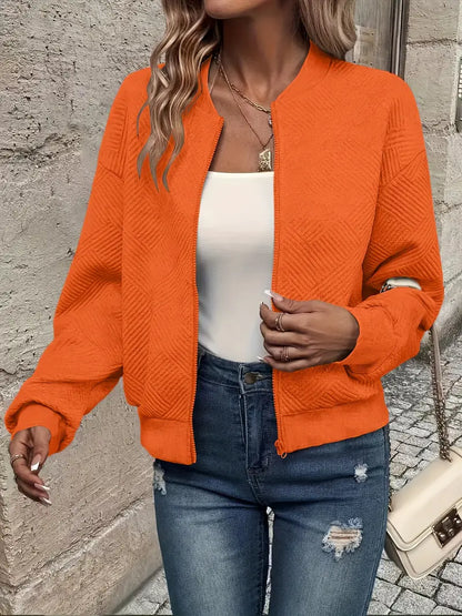 Effortless Quilted Bomber Jacket for Women with Crew Neck Long Sleeve Zip Front Cropped Casual Style