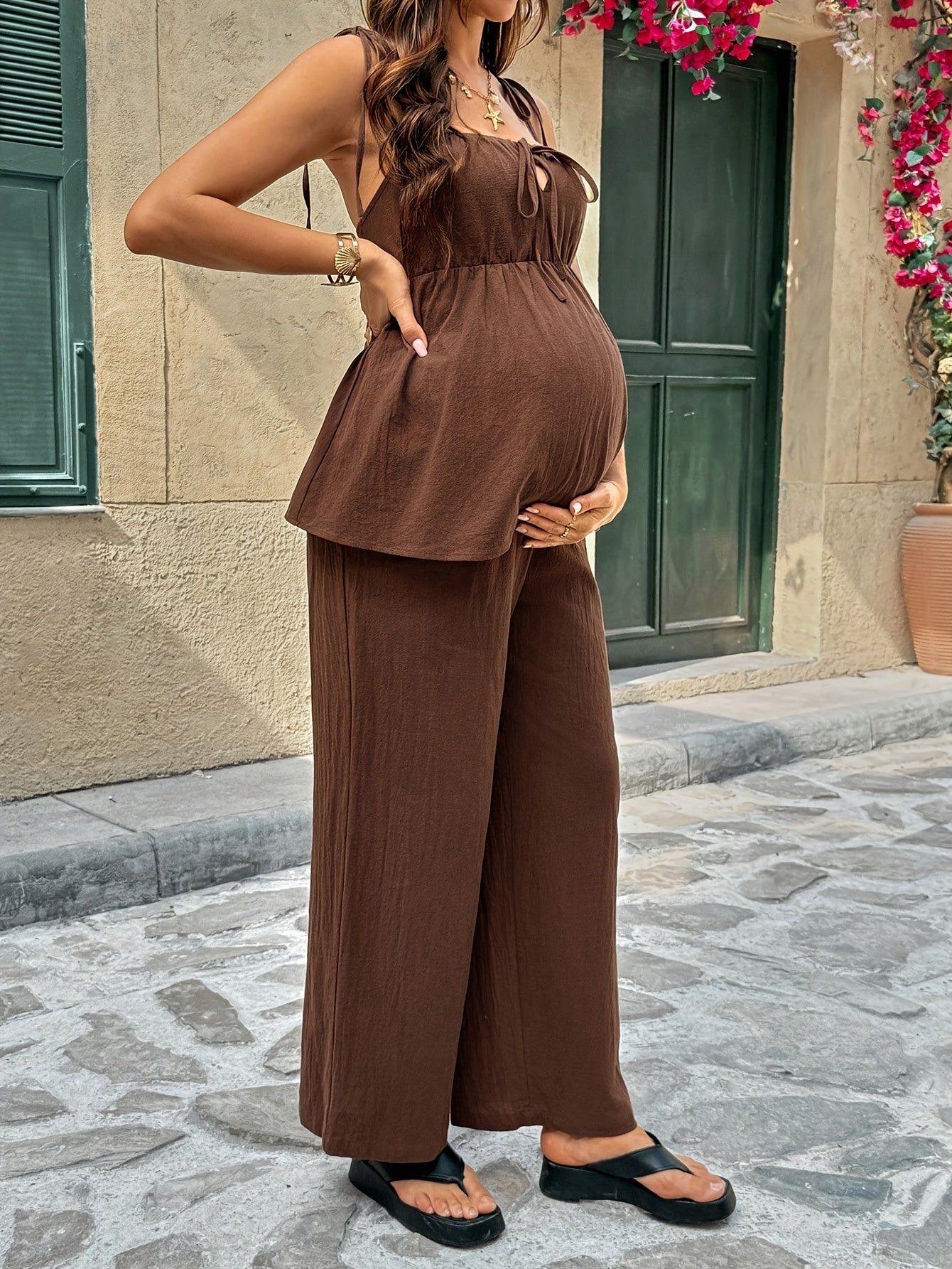Comfortable Maternity Two Piece Set for Women with Spaghetti Strap Tie Back Tank Top Wide Leg Pants Casual Style