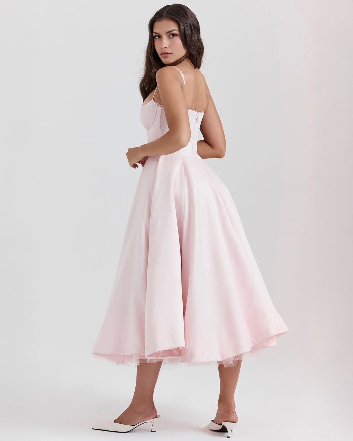 Elegant Bustier Midi Dress for Women with Sweetheart Neckline Spaghetti Strap Tulle Hem Flowing Style