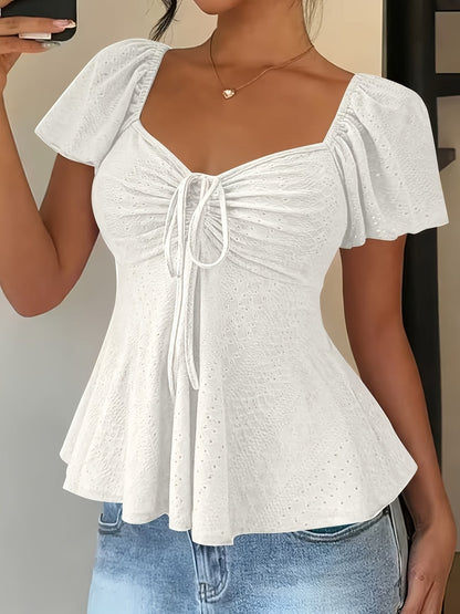 Elegant Eyelet Going Out Top for Women with Sweetheart Neck Flutter Sleeve Ruched Peplum Style