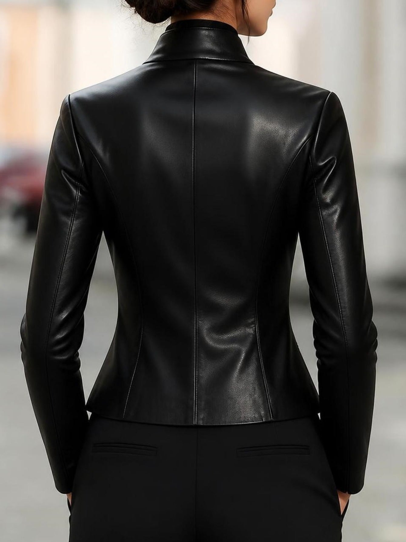 Sleek Black Faux Leather Jacket for Women with Stand Collar Asymmetrical Button Fitted Peplum Moto Style